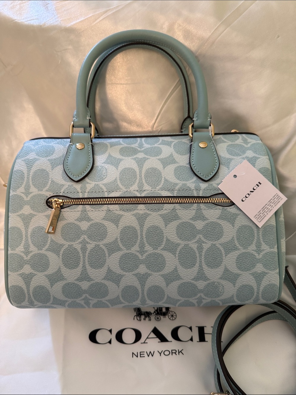 🩵Coach NWT Light Blue Signature C Canvas Rowan Satchel with Gold Hardware - Picture 5 of 10